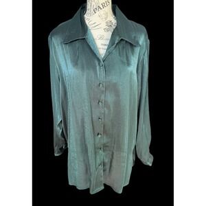 Notations Satin Sheen Blouse Vtg Silky 16W Green Button‎ 90s Y2K Holiday Party